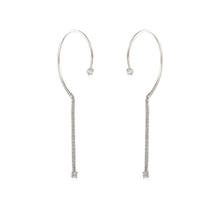 ES035 Fashion 925 Sterling Silver Zircon Big C Shape Chain Tassel Ear Clip Luxury Fine Jewelry Hook Drop Earrings for Women