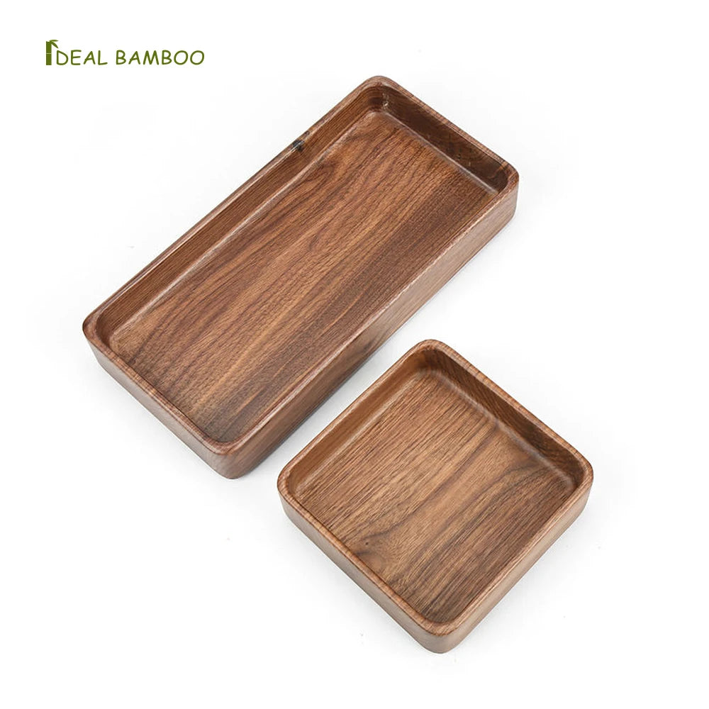 Stock Black Walnut Wood Dishes Serving Tray Wooden Square and Rectangle Plate for Coffee Snacks Fruit