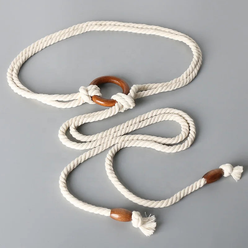 Vintage Cotton Rope Waist Belt with Wooden Ring    Stylish Ladies Woven Chain Accessory