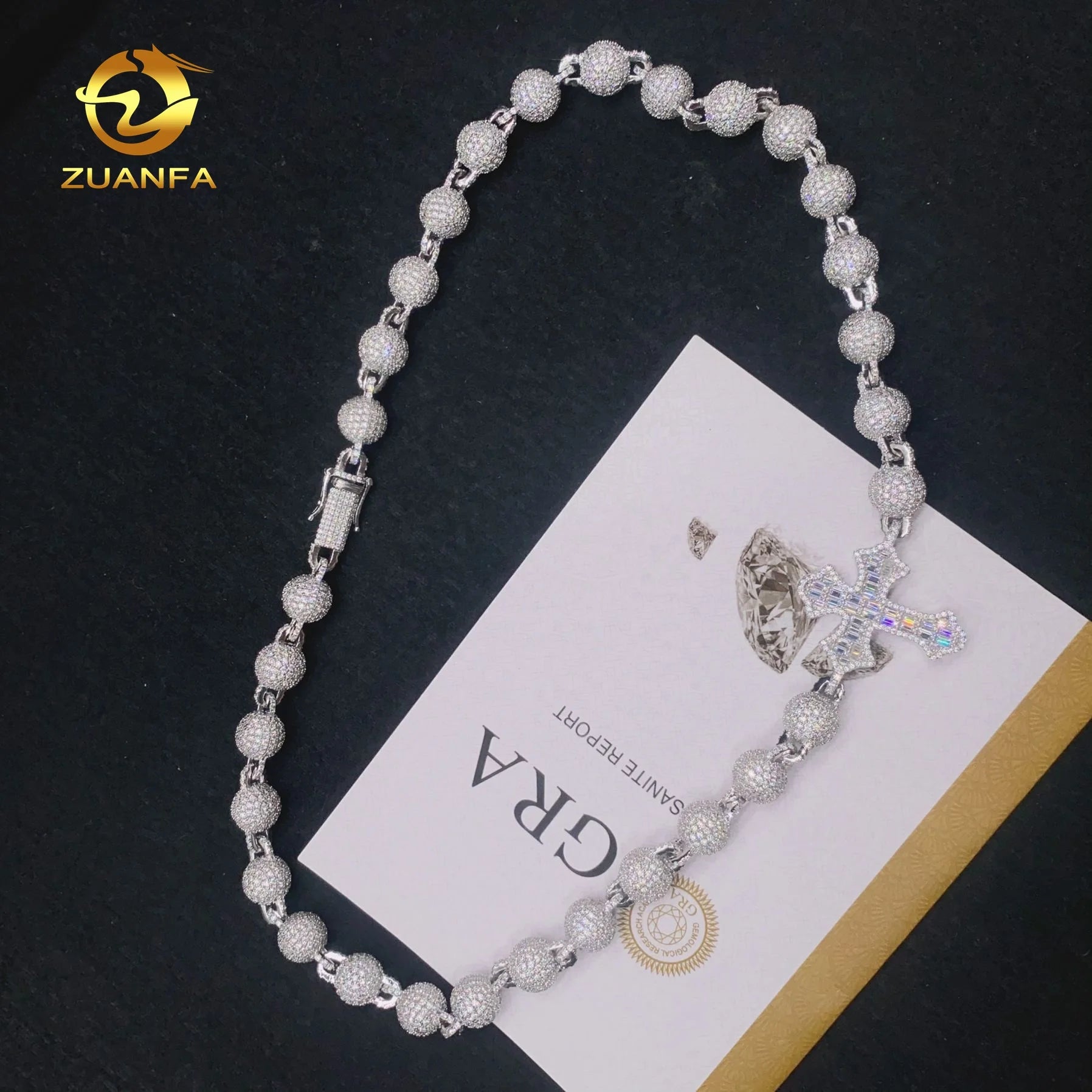 Custom Bead Chain Cross Design Iced Out Luxury baguette Vvs Diamond Moissanite Hip Hop Jewelry Chain Necklace