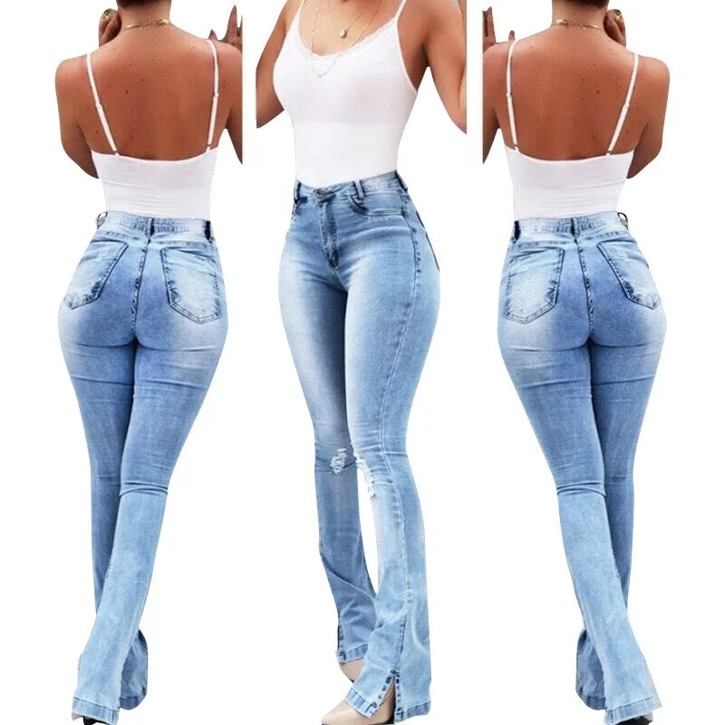 Spring New Fashion High Waist Jeans Women  Elastic Split Horn Denim Pants Casual Style