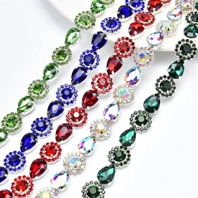 Red Green Royal Blue Teardrop Crystal Trim Applique Round Flower Rhinestone Chain Decorative Dress Clothing Accessories