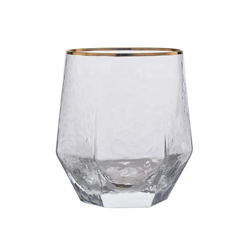 Koi Luxury Six-edge Hammer Drinking Glass Transparent Stripe Crafted Drinking Glasses Crystal Gold Rimmed Ribbed Drinkware Glass