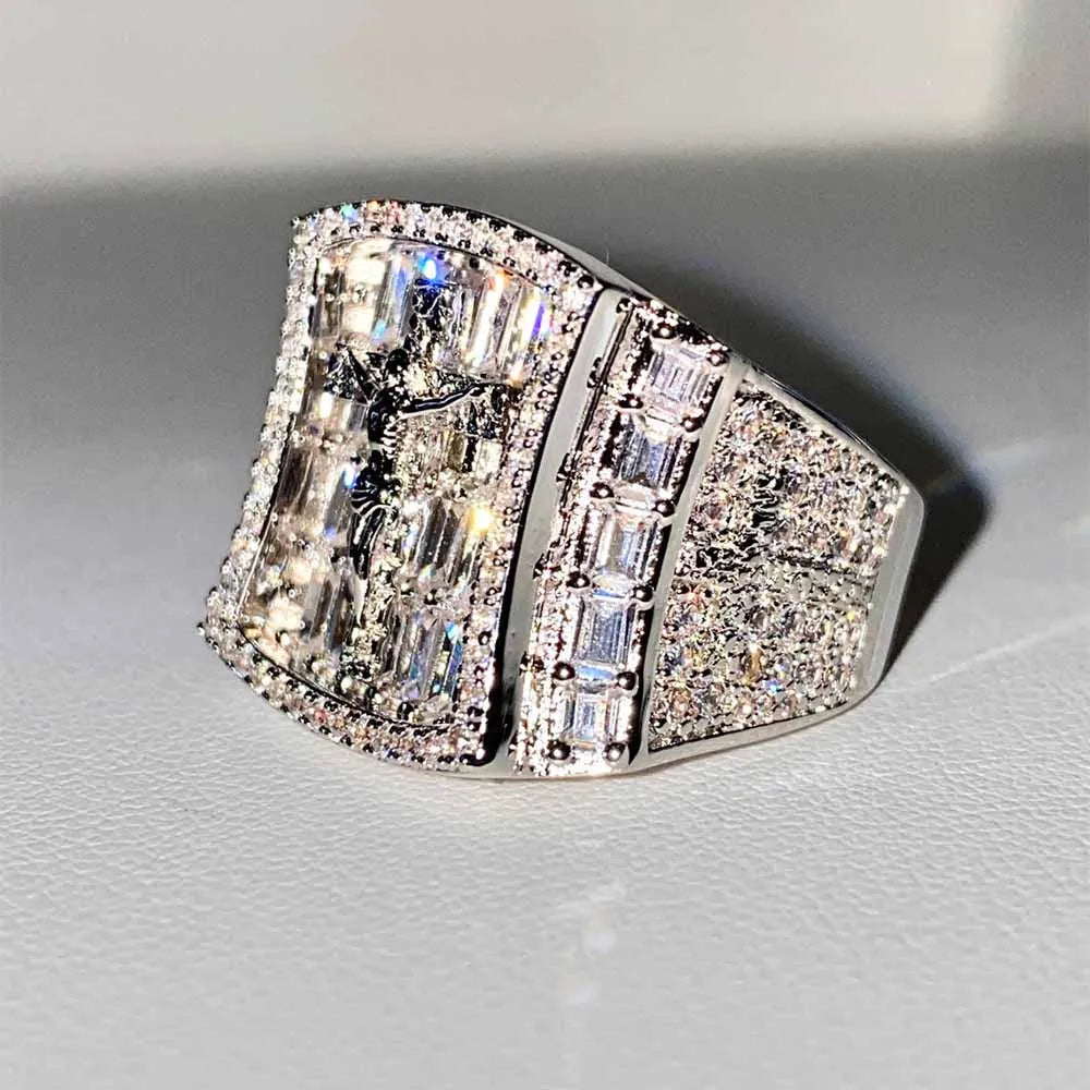 New Design Man Crystal Jesus Cross 14k Gold Plating Hip Hop Jewelry Ring Men