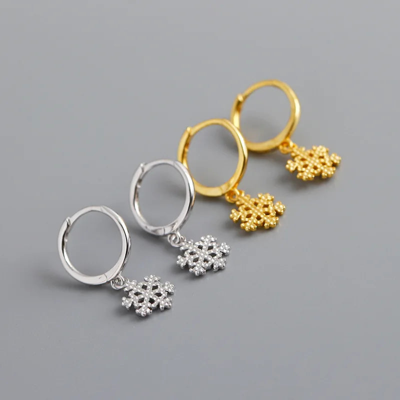 New Fashion 18K Gold Plated Christmas Jewelry 925 Sterling Silver Snowflake Pendant Hoop Earrings
