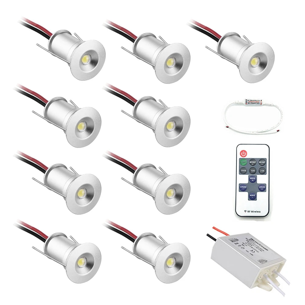 9pcs 12V Downlight Dimmable Spotlight IP65 Led Stair Light 1W Cabinet Showcase Ceiling Light with Remote Controller IP67 Driver