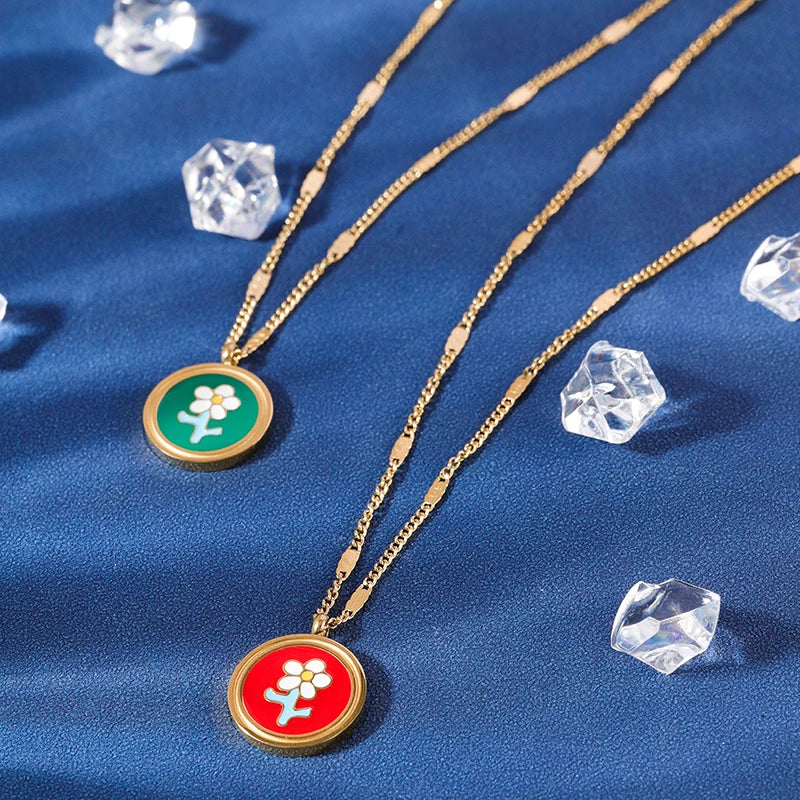 HOVANCI Dainty 18k Gold Plated Enamel Flower Coin Pendant Necklace Stainless Steel Green Red Statement Flower Necklace for Women