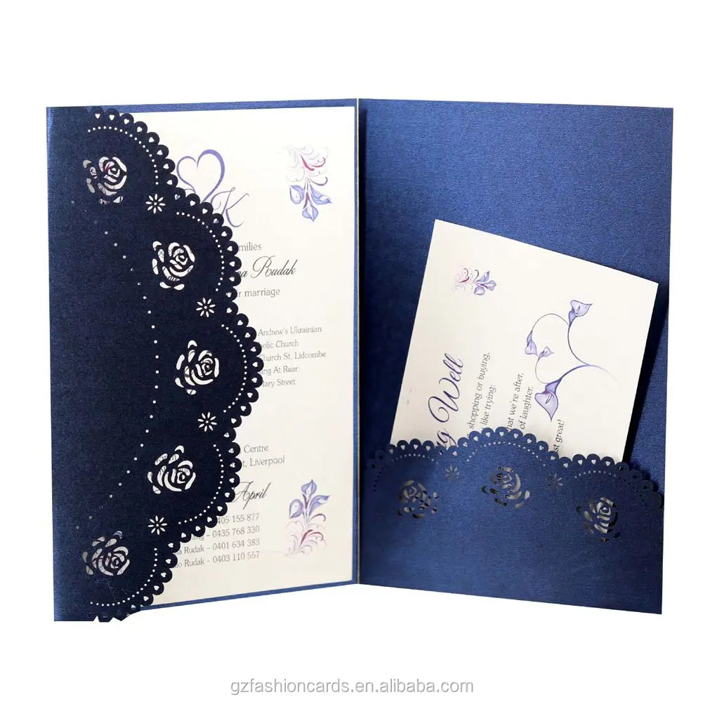Custom Laser Navy Blue Pocket Wedding Invitation Card Thanksgiving Day and Laser Cut Birthday Invitation Cards with RSVP Cards