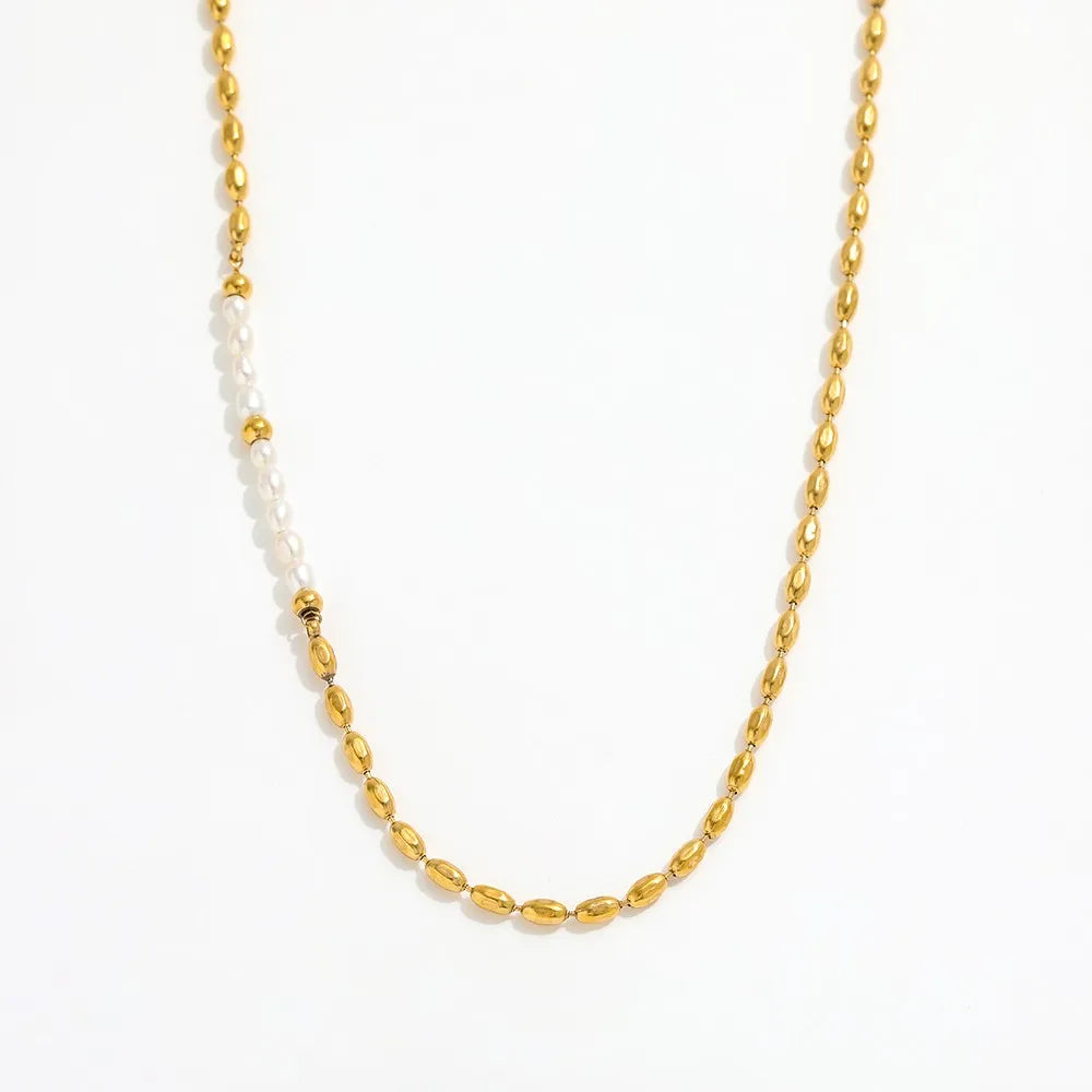 Joolim Jewelry 18K Gold Plated Imitation Pearl Dainty Chain Beads Mixed Necklace Stainless Steel Jewelry Wholesale