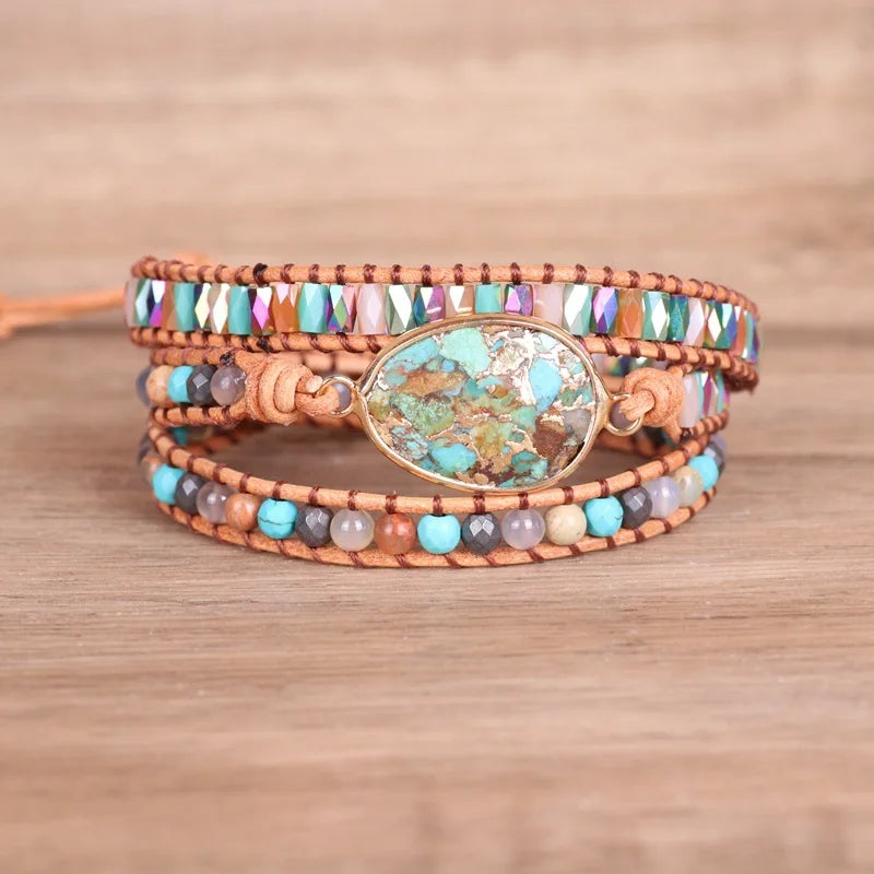 Bohemian Handmade Imperial Stone Bracelet Multilayer Leather Wrap Natural Stone Bead Bracelet SKB032