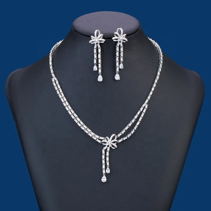 Super Shiny Luxury Cubic Zircon Bowknot Jewelry Set Romantic for Women for Engagement Anniversary Party Wedding Bridal Events