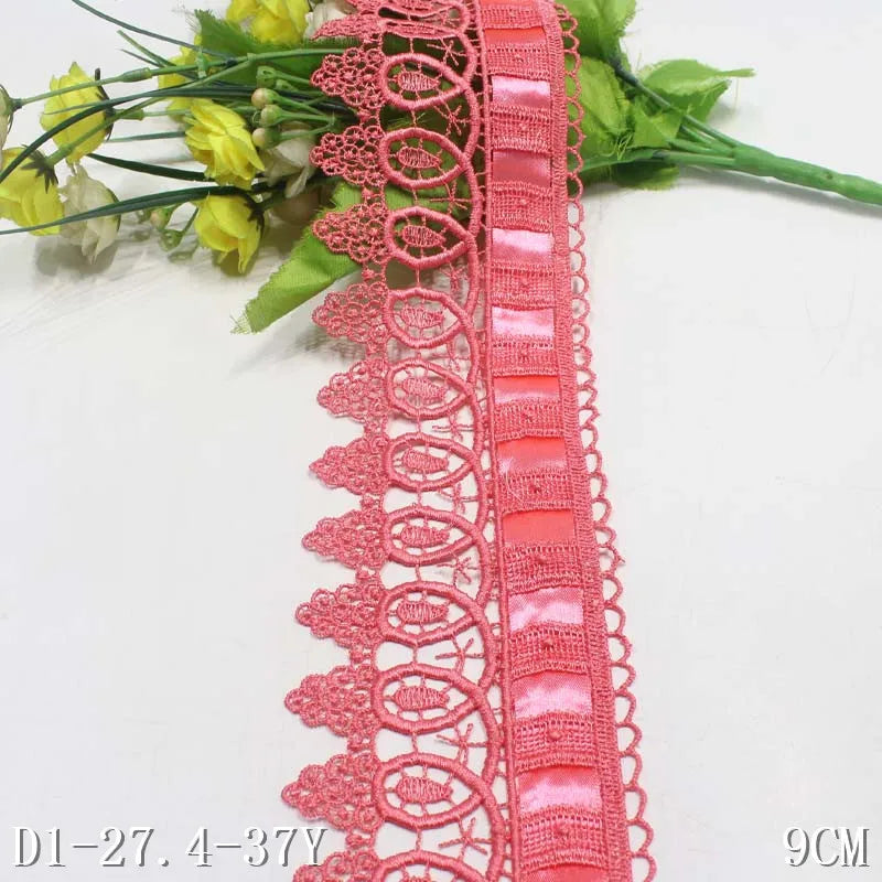 Wholesale Pink Guipure Chemical Ribbon Lace Trim with Smooth Satin 9cm Border Embroidery Lace Trimming