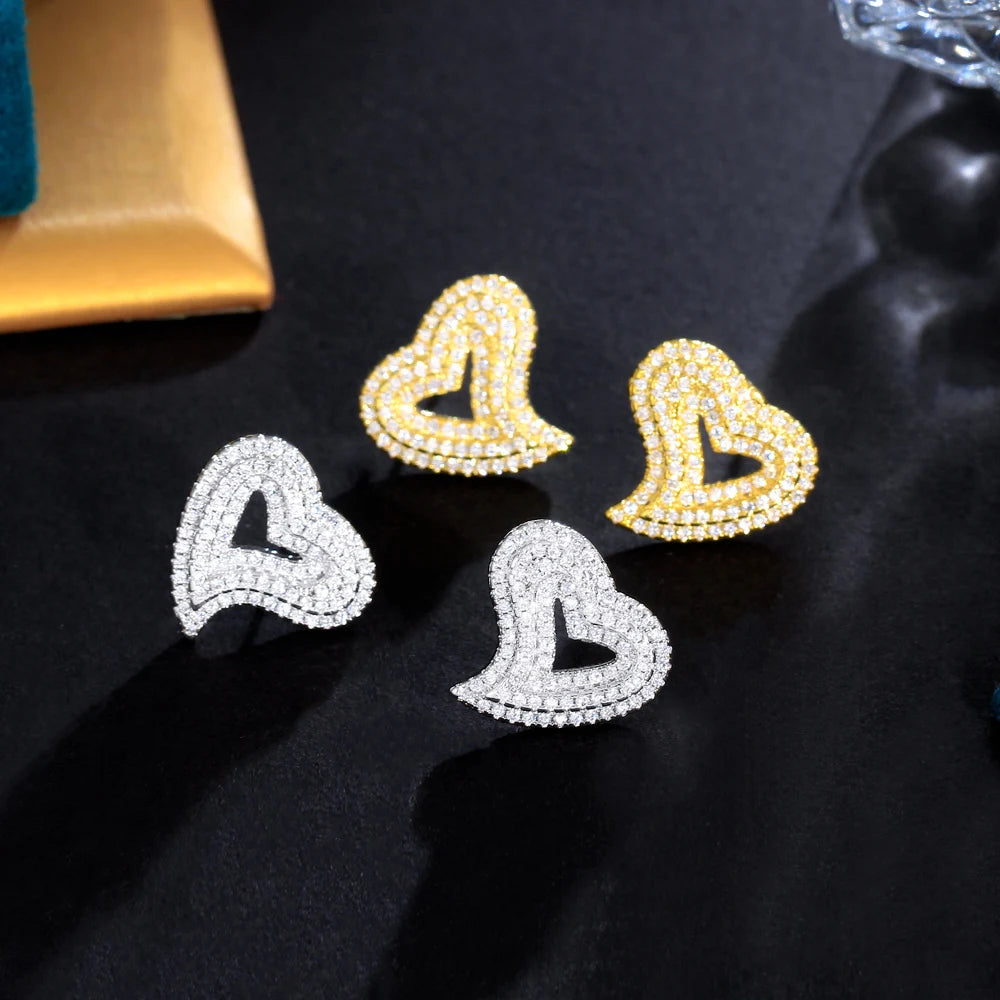 Symmetrical Openwork Micro Pave 3 Layers Fashion CZ Cubic Zirconia Ice Out Geometric Heart Shaped Stud Earrings for Women