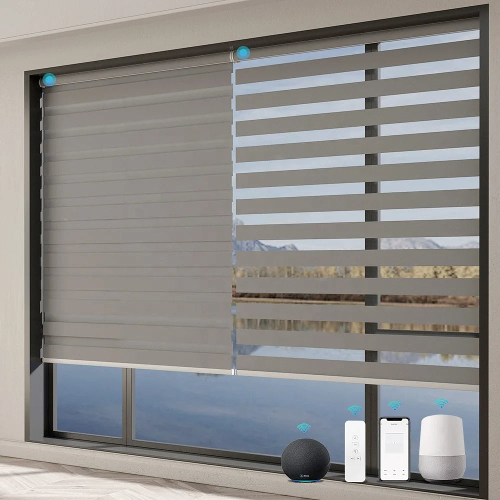 Remote Control Automatic WIFI Electric Smart Blinds Motorized Window Zebra Roller Blinds and Blackout Shades for Window