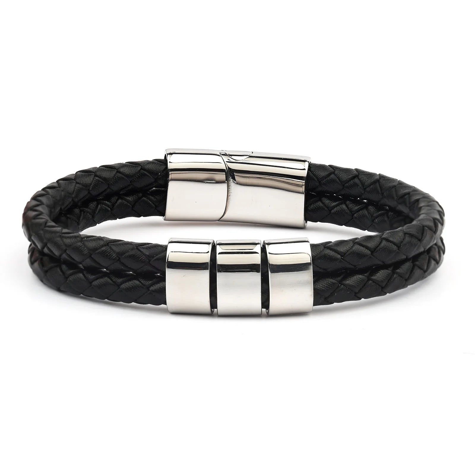 Custom Engraved Words Bracelet Stainless Steel Beads Bracelet Woven Braided Wrap Leather Bracelet Men