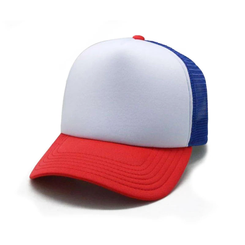 BSCI Custom 3D Puff Embroidery Logo Mesh Baseball Cap White Panel Red Brim Blue Foam Summer Outdoor