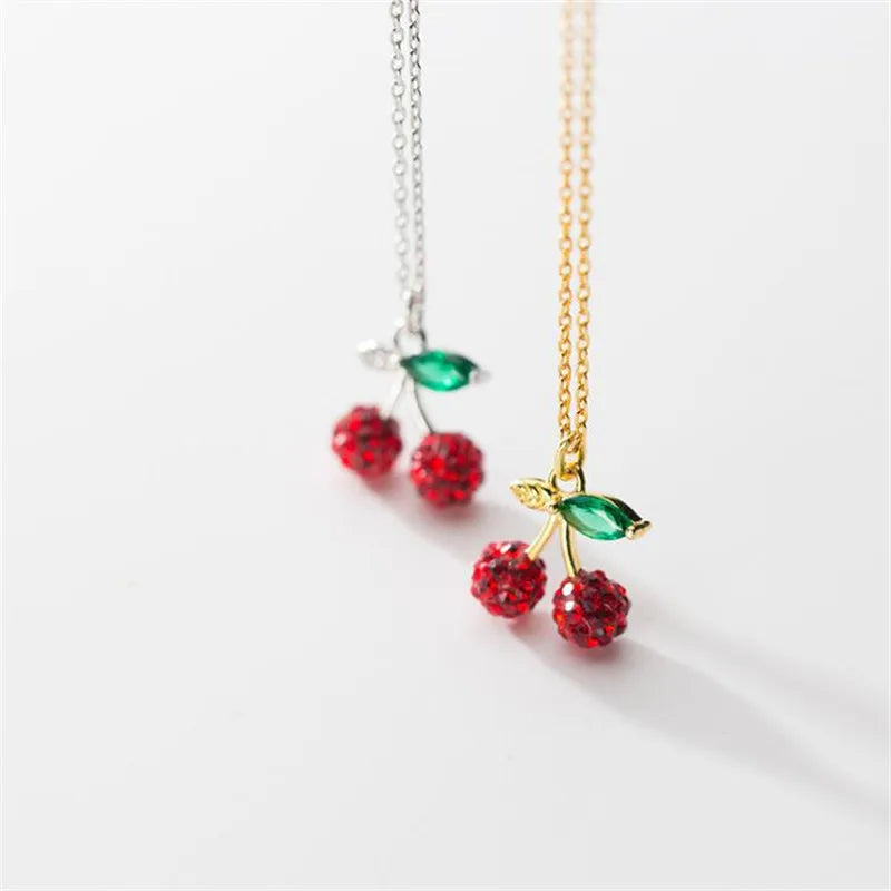 Luxurious Simple S925 Sterling Silver Cherry Pendant Zircon Necklace for Gift