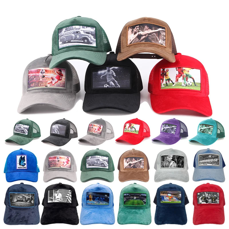 Wholesale Custom Applique Patches 3D Embroidery Mesh 5 Panel Fitted Back Velvet Baseball Cap Sports Caps Trucker Hat