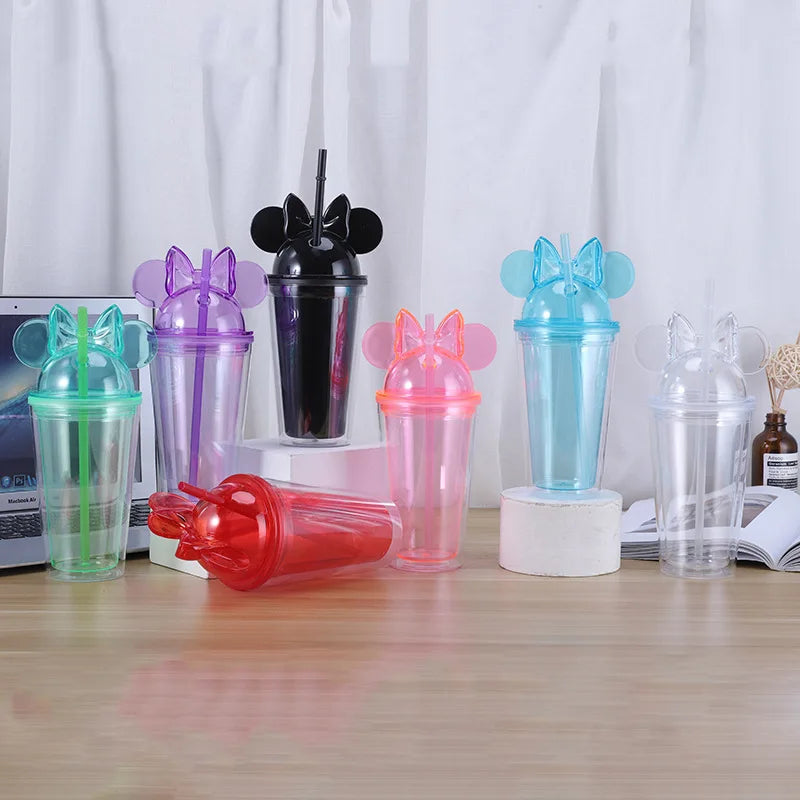 Custom logo Mouse 16oz Acrylic clear Tumbler Cups Drinking Plastic Drinking Water Bottle with Lid and Straw Reusable in Bulk