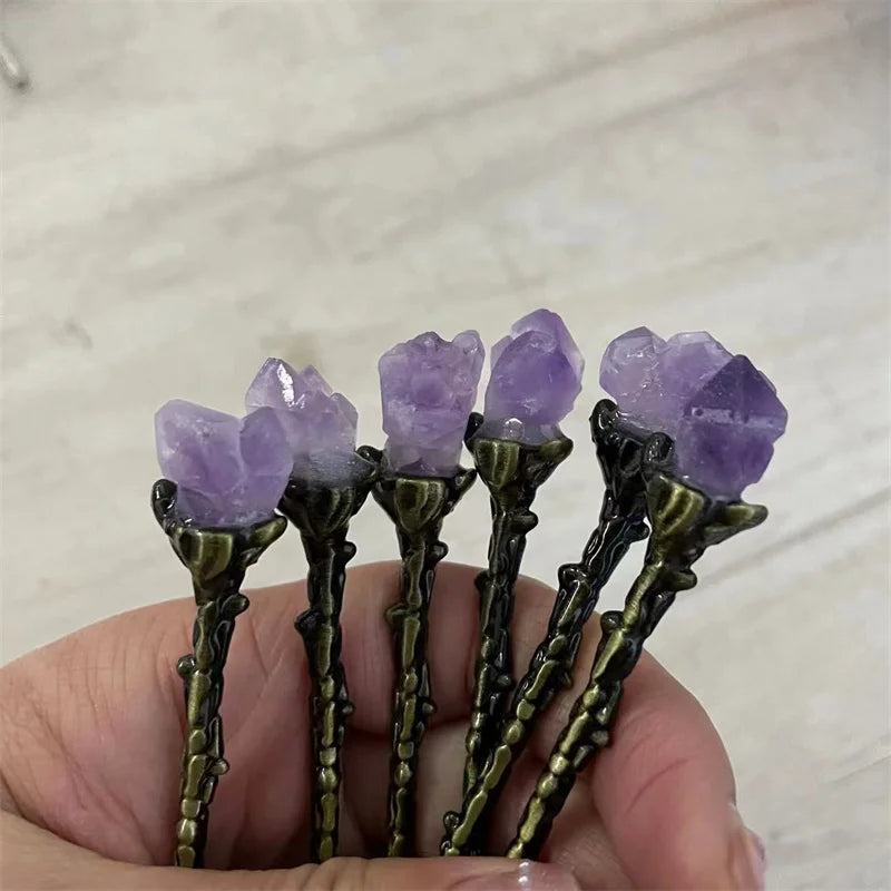New Arrivals 11cm Crystal Spiritual Crafts Natural Purple Amethyst Raw Point Metal Spoons for Gift