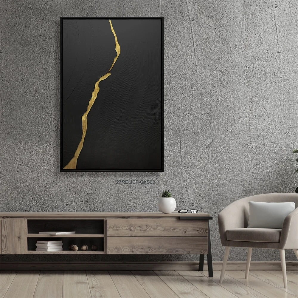 Hotel Project Modern Black and Grey Gold Framed Painting Abstract Canvas Artwork Wall Art Decor