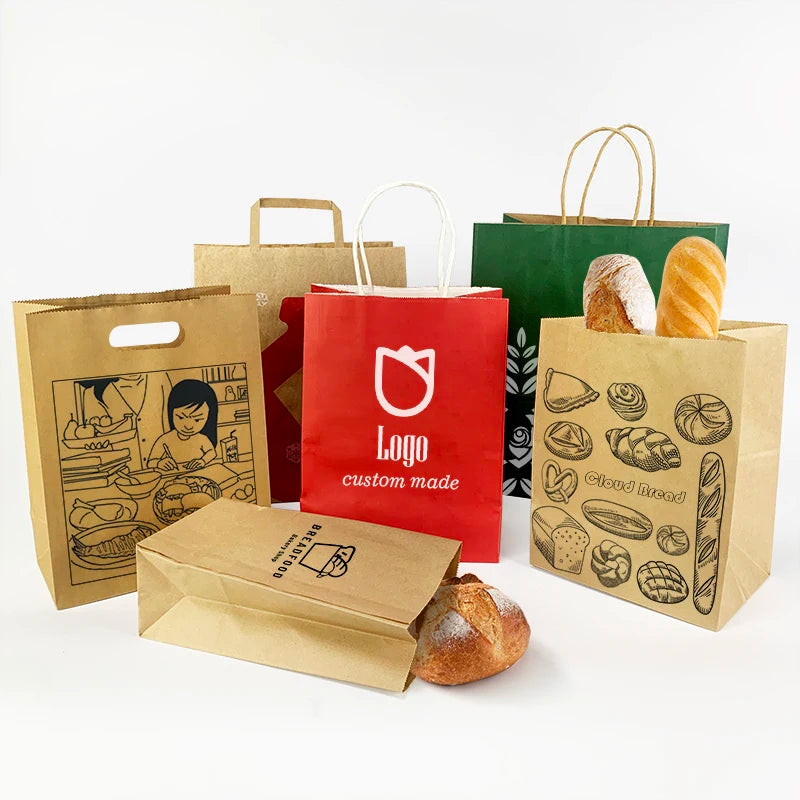 Custom pink White Brown Black Shopping Fruit Food Packaging Bag Paper Packing Kraft Handle Die Cut Kraft Bags