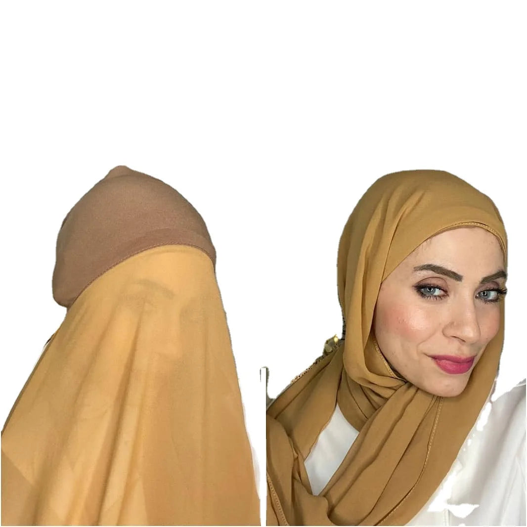 2021 New Underscarf Custom Plain Instant Chiffon Hijab With Inner Jersey Bonnet Caps Headscarf Long Satin  Shawl Scarf