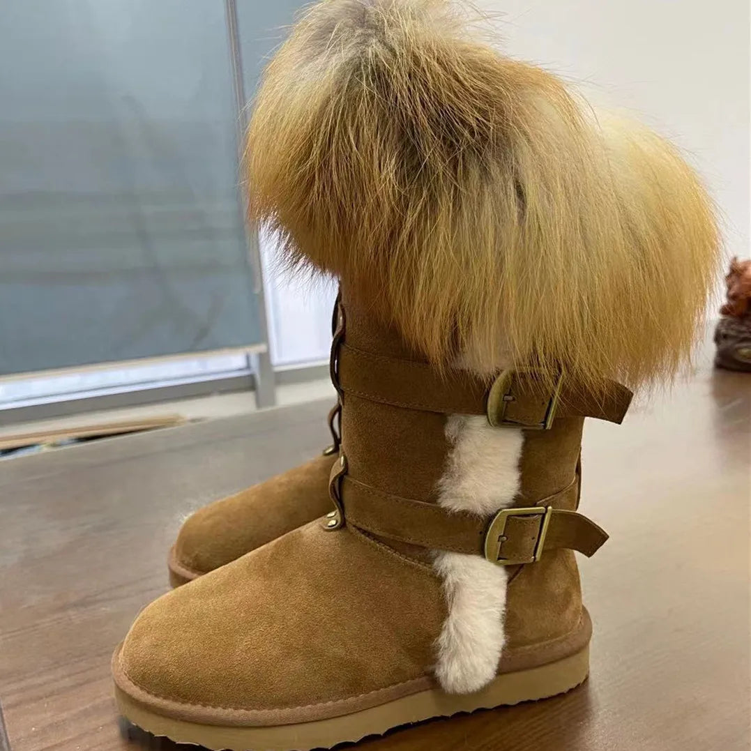 Sample Support Unisex Real Leather Wool Fox Fur Snow Boots with Genuine Leather Lining EVA Insole Waterproof for Winter