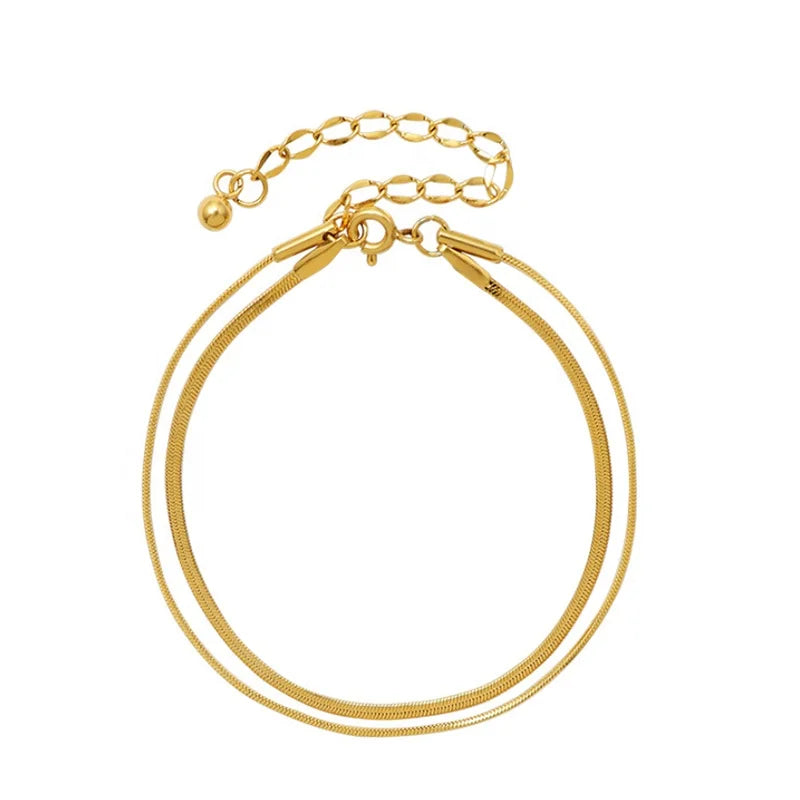 High Quality Minimalist 18K Gold Plated Ladies Double Layers Thin Stainless Steel Snake Chain Stacking Bracelets