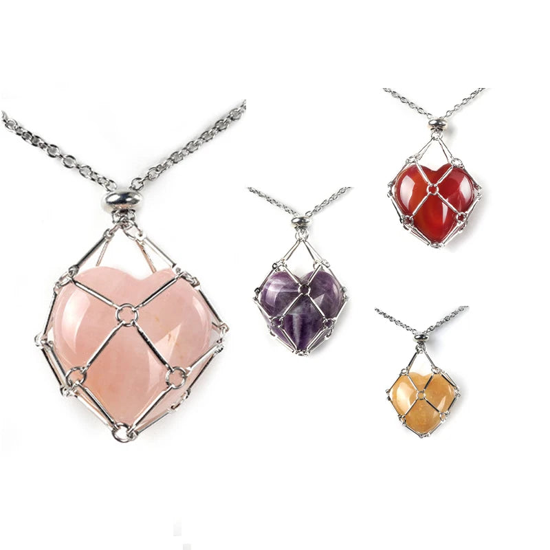Stainless Steel Adjustable Chain Healing Stone Pendant Necklace Woven Bag Irregular Quartz Crystal Cage for Stone Holder