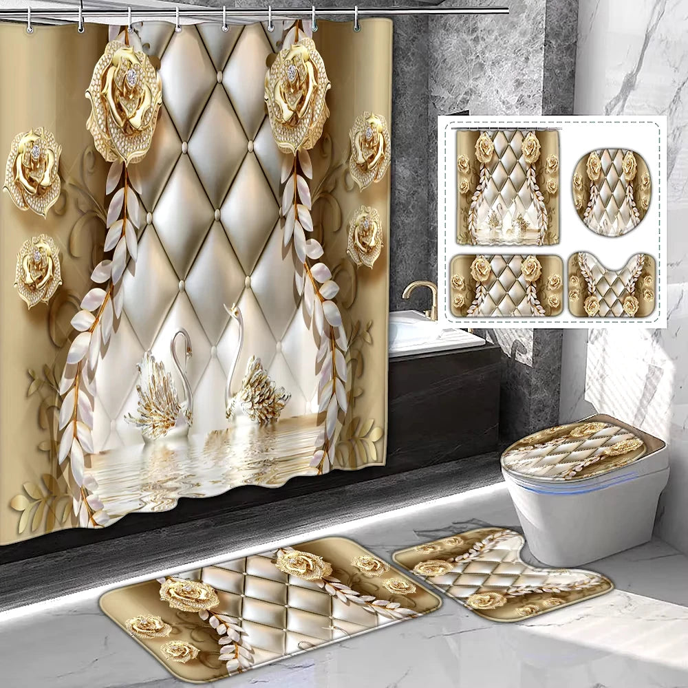 Custom Printed 4-piece Set Waterproof Shower Curtain Set With 12 Hooks
