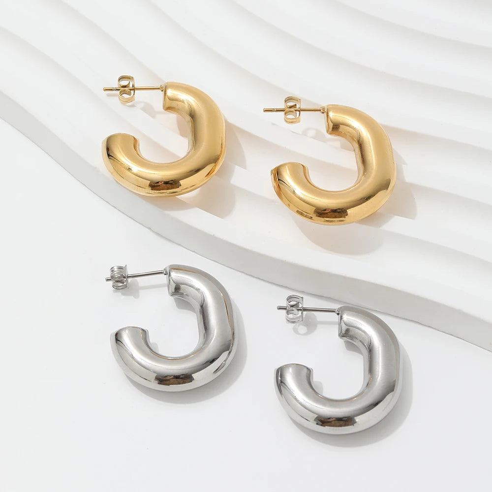 18K PVD  Gold Plated High Effortless Chic  Polished Mirror Shiny Chunky U Shape Hollow Hoop Earring