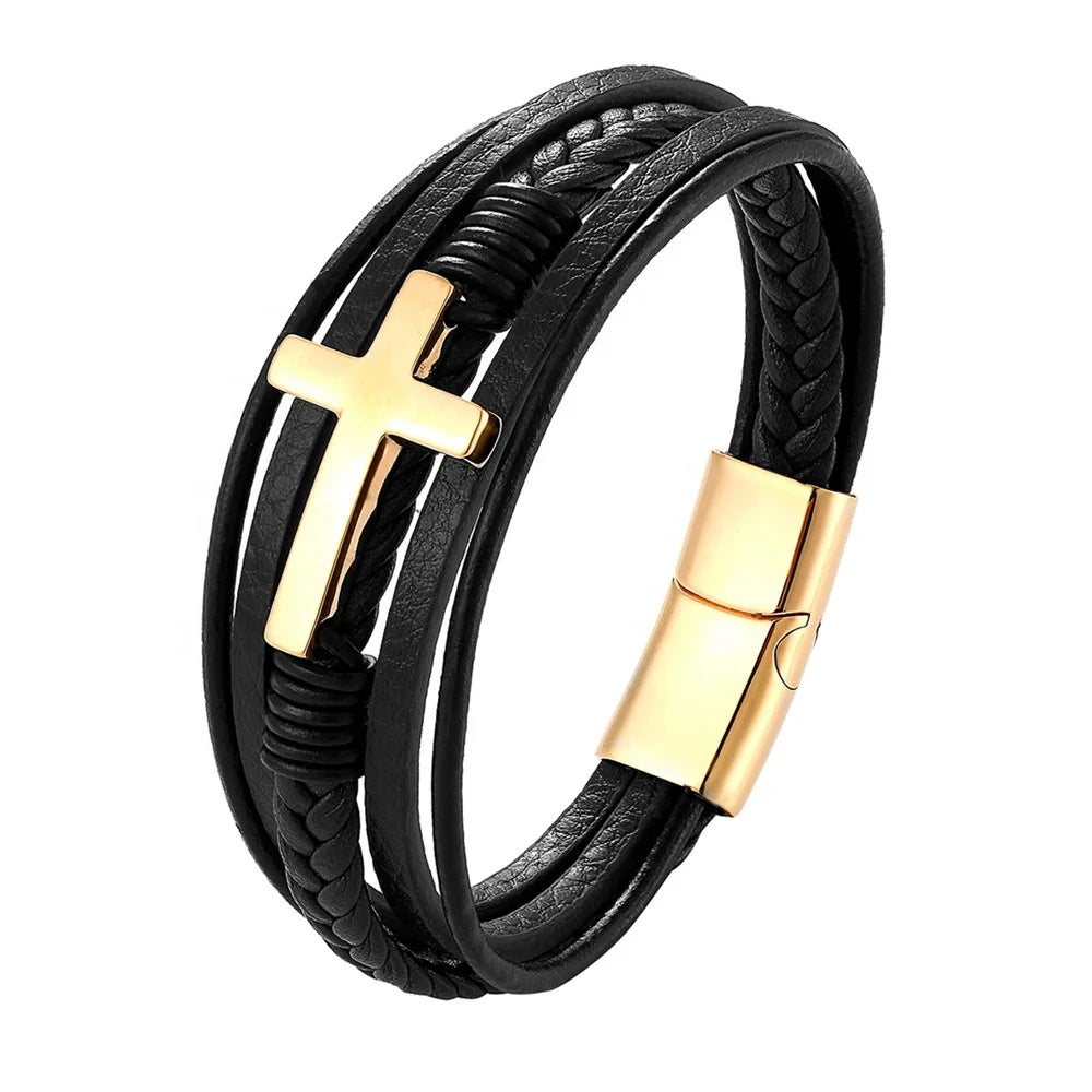 Hot Selling Fashion Cross Jewelry Wholesale Stainless Steel Multi-layer Braided Leather Bracelet