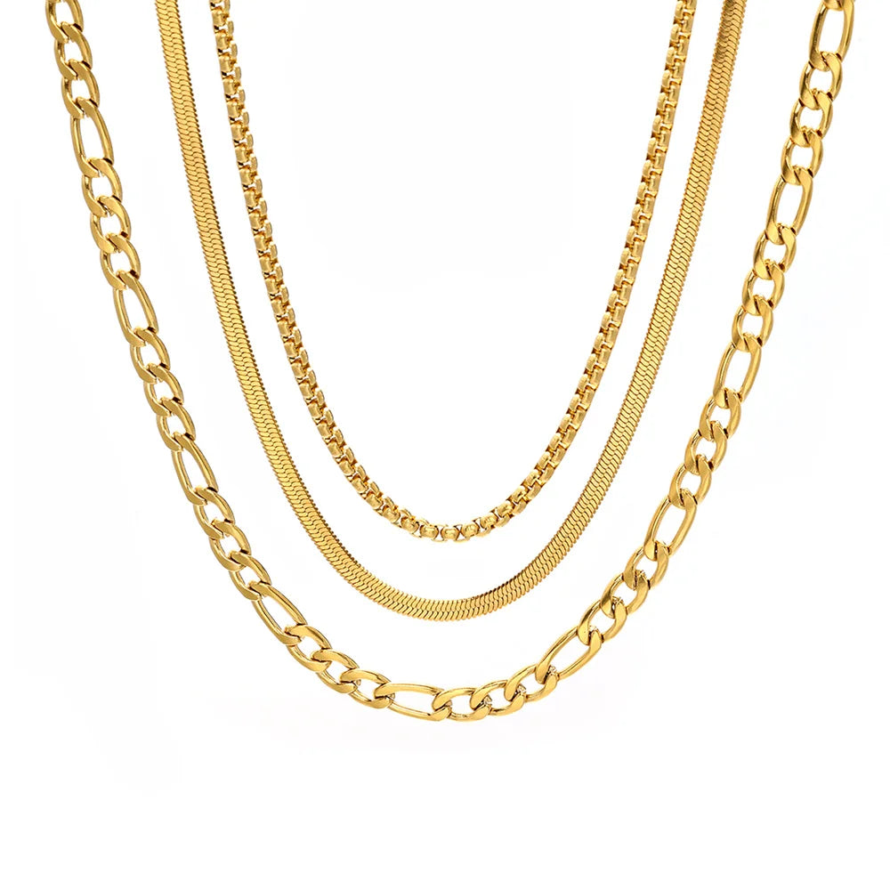 Wholesale Fashion Non Tarnish Stainless Steel Layer Necklace 18k Gold Plated Square Pearl Snake Figaro Chain Necklace for Women