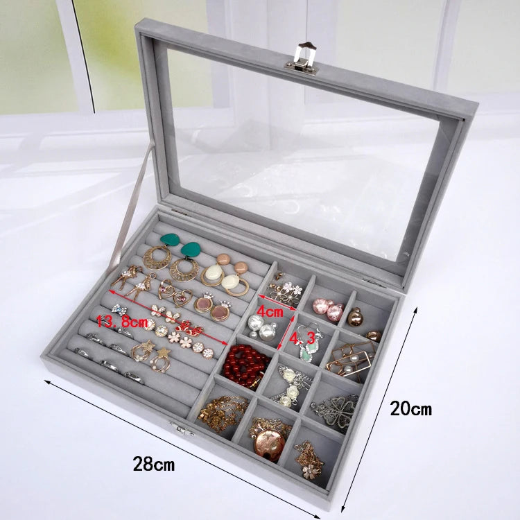 Tray Holder Storage Box Organizer Velvet Carrying Case with Glass Cover Jewelry Ring Display Box