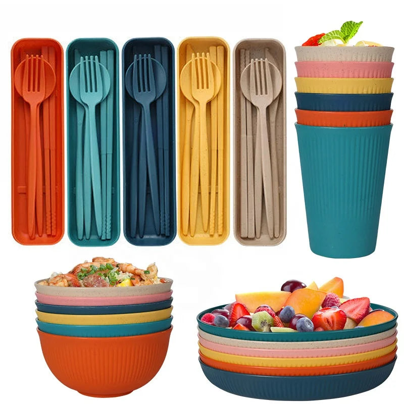 32 Pieces Set Unbreakable Kitchen Plastic Dishes Plates Bowls Dinner Cereal Cups Travel Camping Cutlery Set Dinnerware Set