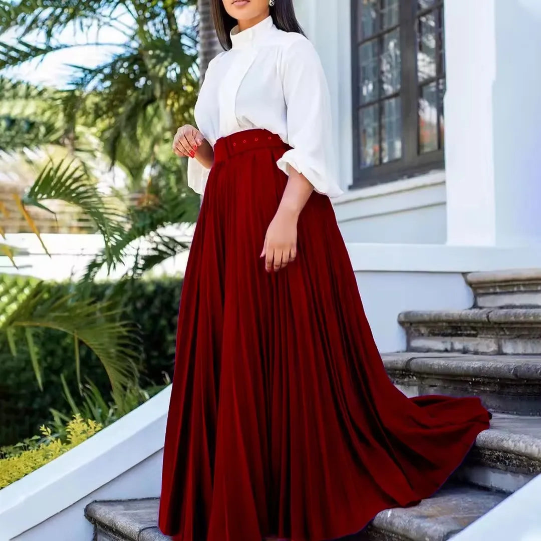 European and American S-3XL Women's Clothing Paired With Waistband Skirts Personalized and Elegant Pleated Large Skirt Hem Skirt