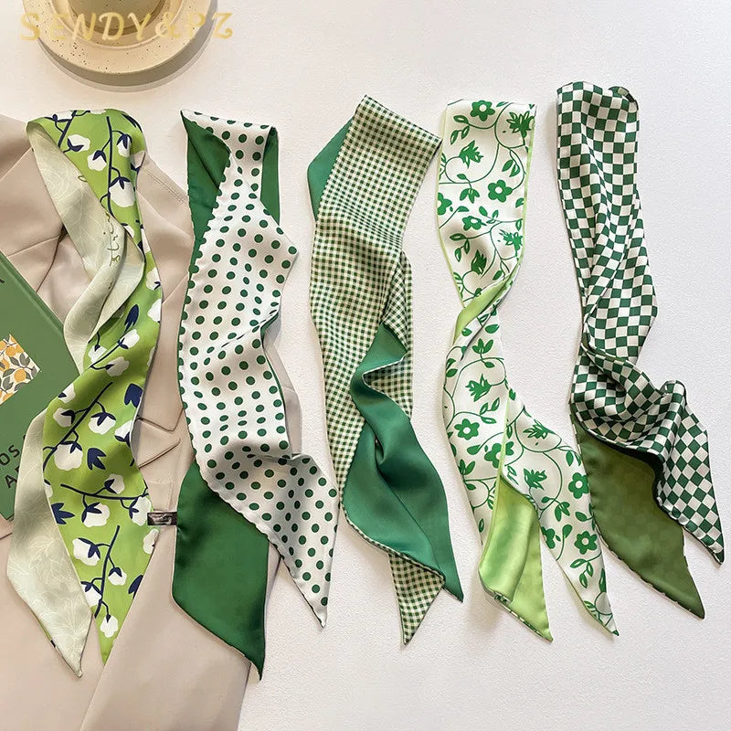 Spring Fresh Green Print Flowers Paid Scarf Hairbands Ribbon Hair Tie Women Ponytail Silk Scarf