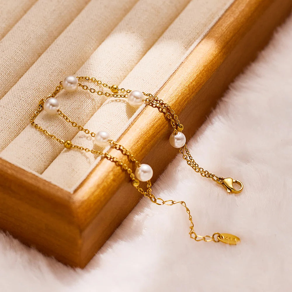 HOVANCI Dainty Pearl Gold Bracelet Tarnish Fee Stainless Steel Pearl Bracelet Valentine's Day Jewelry for Woman