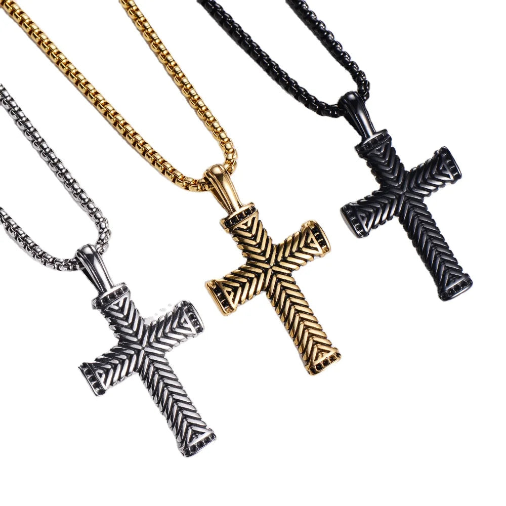 Wholesale Punk Viking Casting Necklaces Classic Cross Pendant Square Pearl Box Chain Necklace Stainless Steel Man Jewelry
