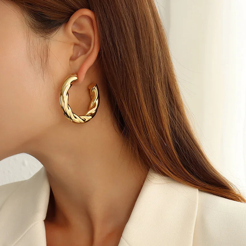 Fashion Jewellery 18K Gold Plated Stainless Steel Twist Hoop Earings Exaggerate C Shape Chunky Stud Earrings for Women