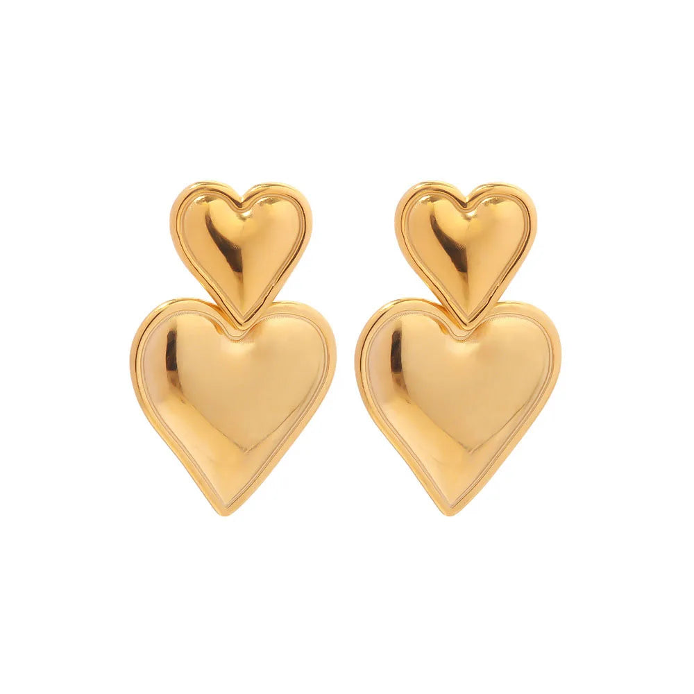 G2147 INS Trendy Jewelry Double Heart Shaped Earring Stainless Steel 18K Gold PVD Plated Smooth Love Heart Drop Stud Earrings
