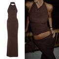 New 2025 Summer Sexy Halter Neck Backless Strappy Tank Top & Slim Fit Solid Color Long Skirt Two-Piece Set