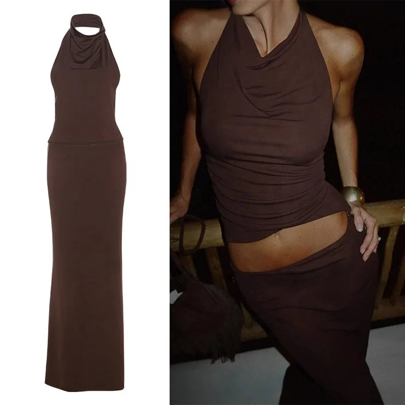 New 2025 Summer Sexy Halter Neck Backless Strappy Tank Top & Slim Fit Solid Color Long Skirt Two-Piece Set