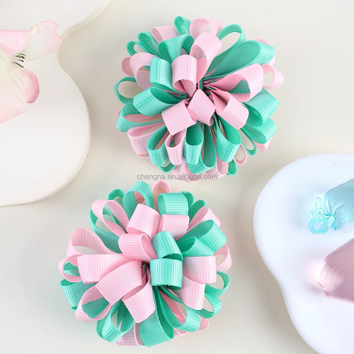 Spring Hair Accessories Grosgrain Ribbon Ball Flower Loopy Puffs Hair Bow Clip Round Loopy Hair Clip for Toddle Girls