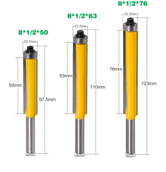 L-N195 1pcs 8mm Shank Flush Trim Router Bit Long Routing Cutters with Bearings Woodworking Bits Grooving Blades