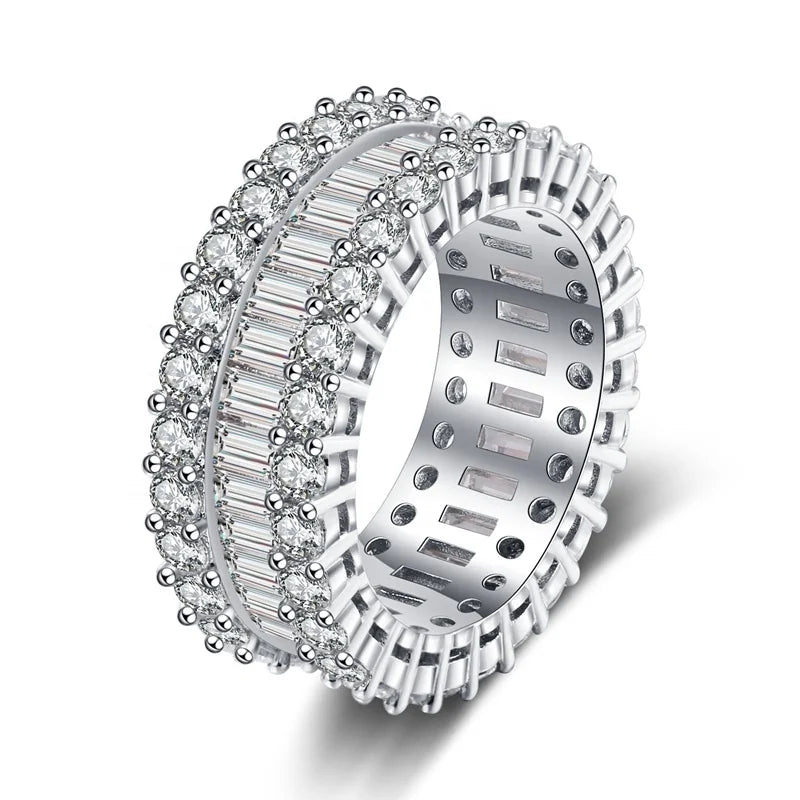 High Quality Full Pave AAA Cubic Zirconia Band Rings Shine CZ Baguette Rhodium Plated Rings Jewelry Women Men Wedding Engagement