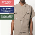 New Design Short Sleeve Zip up Shirts Two Side Zip Pockets Open Shoulder Casual Loose Boxy Fit Shirts for Men