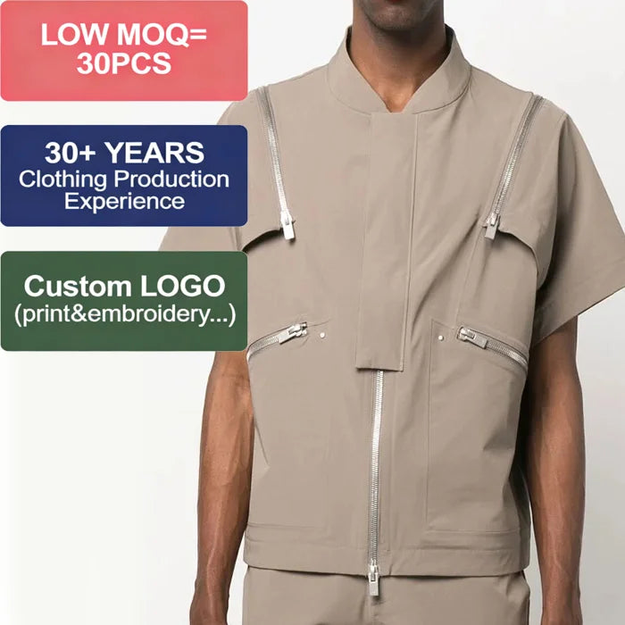 New Design Short Sleeve Zip up Shirts Two Side Zip Pockets Open Shoulder Casual Loose Boxy Fit Shirts for Men