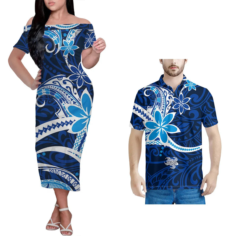 Hot Selling Polynesian Tribal Design Hawaii Pattern Women Off Shoulder Dress Match Men Shirts Luxury Couple Set Clothing Custom